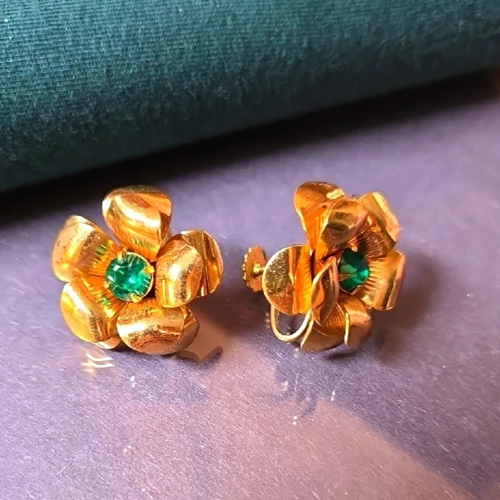 Coro Gold Tone 3D Flower Earrings with Green Stone